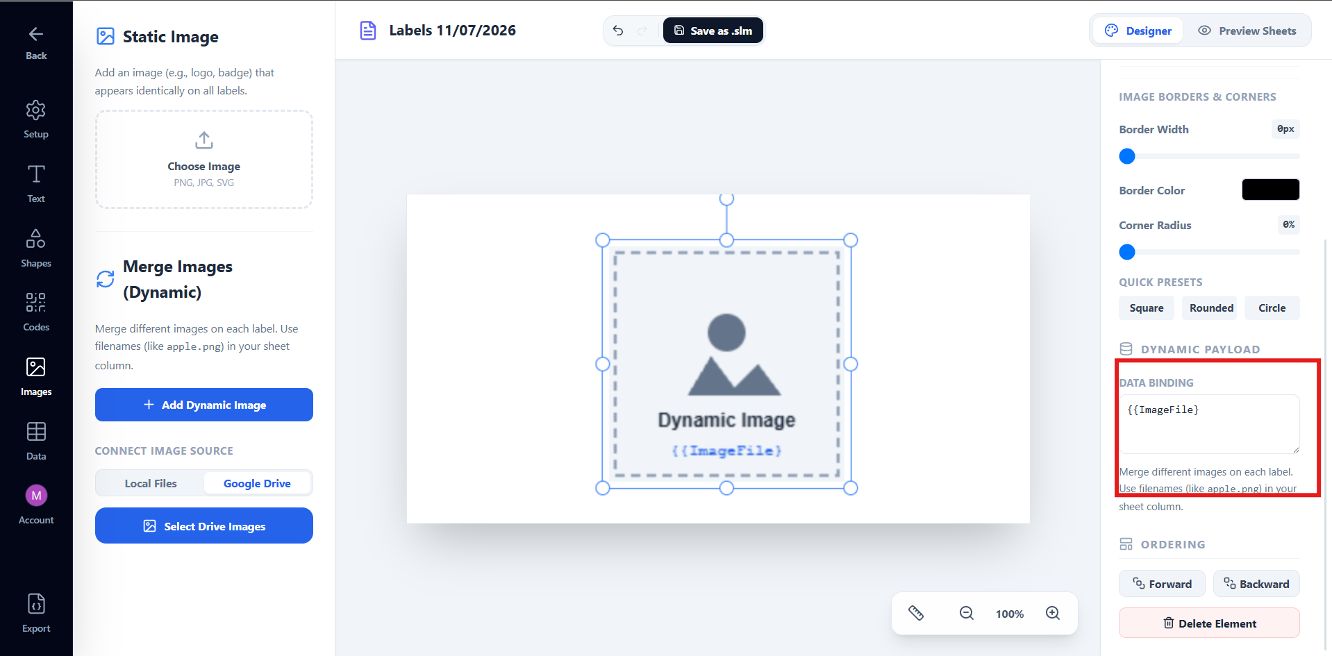 Right panel showing the Dynamic Payload section with the Data Binding field containing the merge tag ImageFile