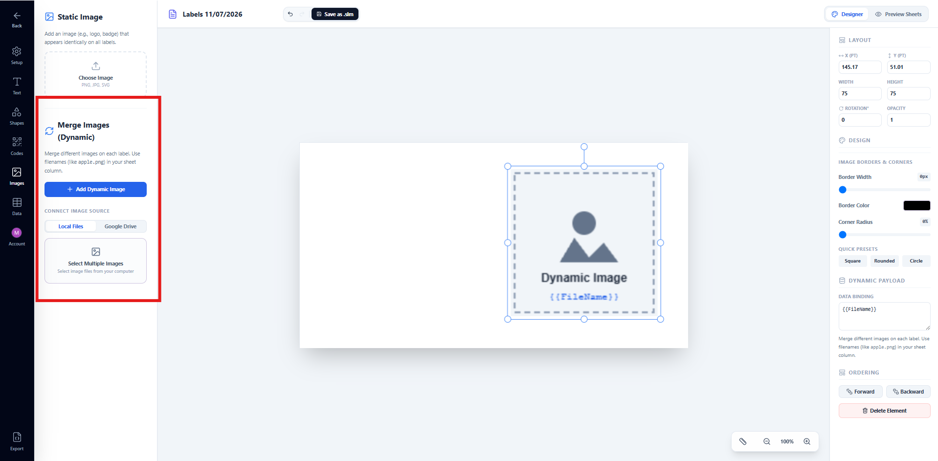 Images tab showing the Add Dynamic Image button, and the canvas displaying the grey dynamic image placeholder positioned on the label