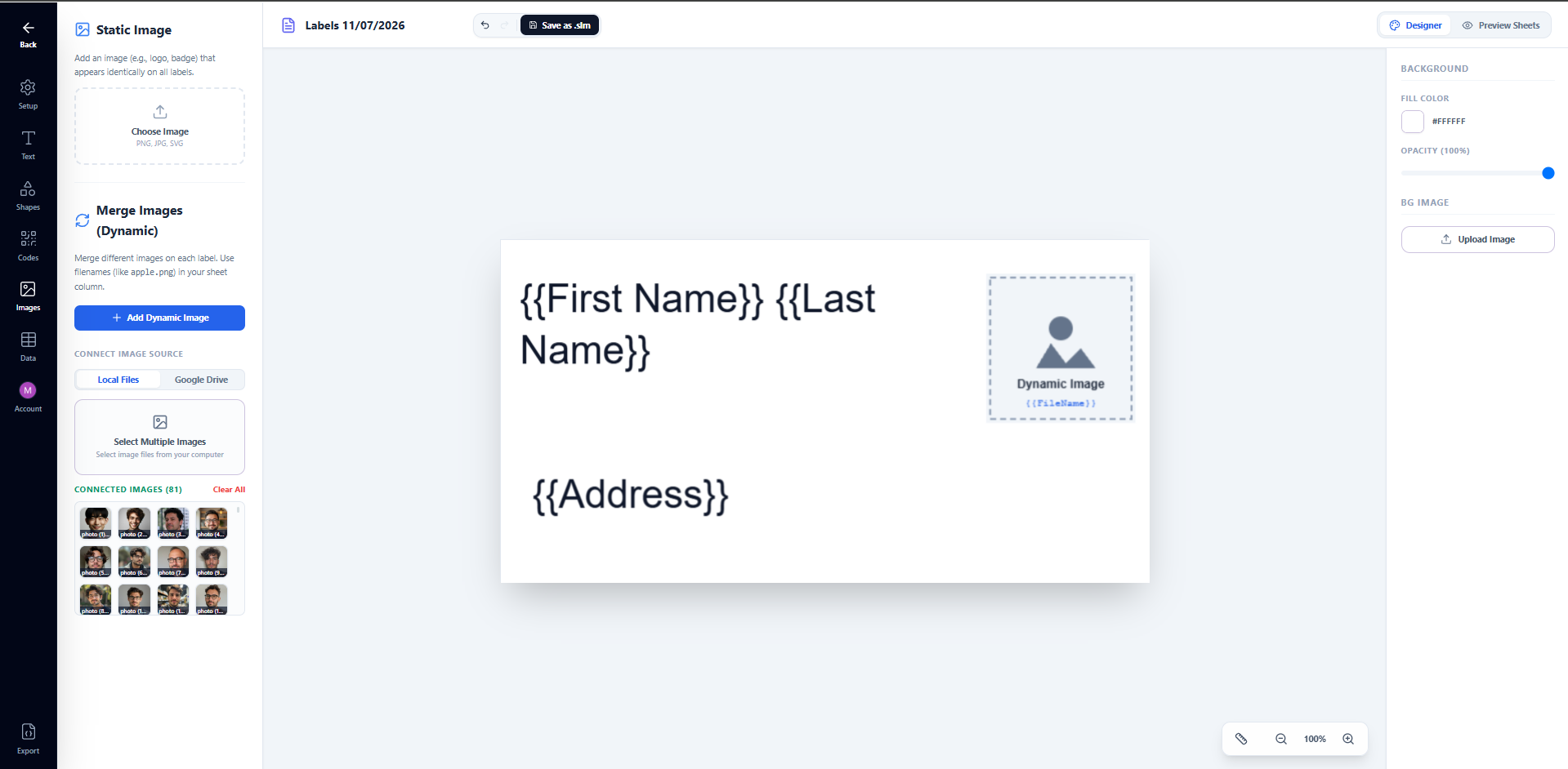 Canvas showing the dynamic image placeholder on the left and two merge field text boxes — Name and Phone — positioned to the right of it on the label