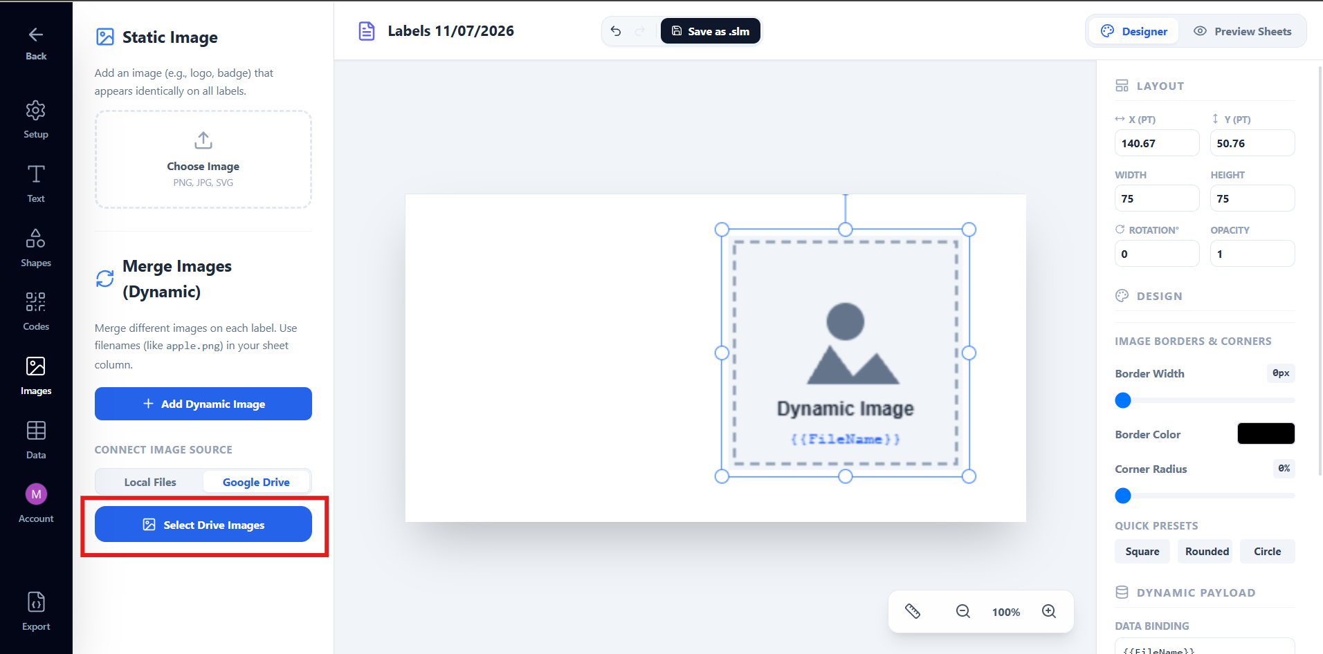 Images tab with Google Drive selected showing the Select Drive Images button and a grid of connected Drive image thumbnails below