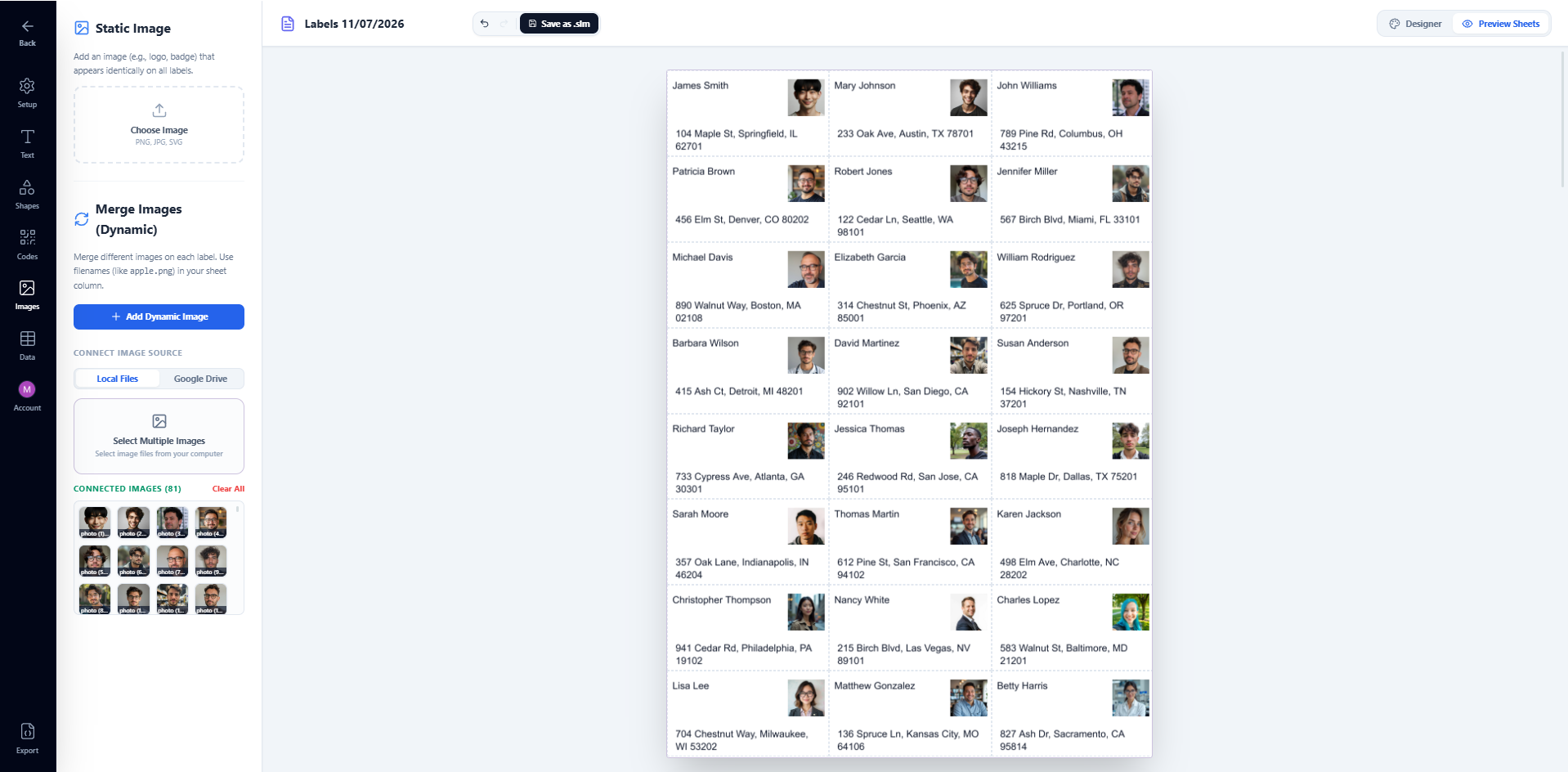 Preview Sheets mode showing a full label sheet where each label displays a different image matched from the spreadsheet alongside the corresponding name and phone number