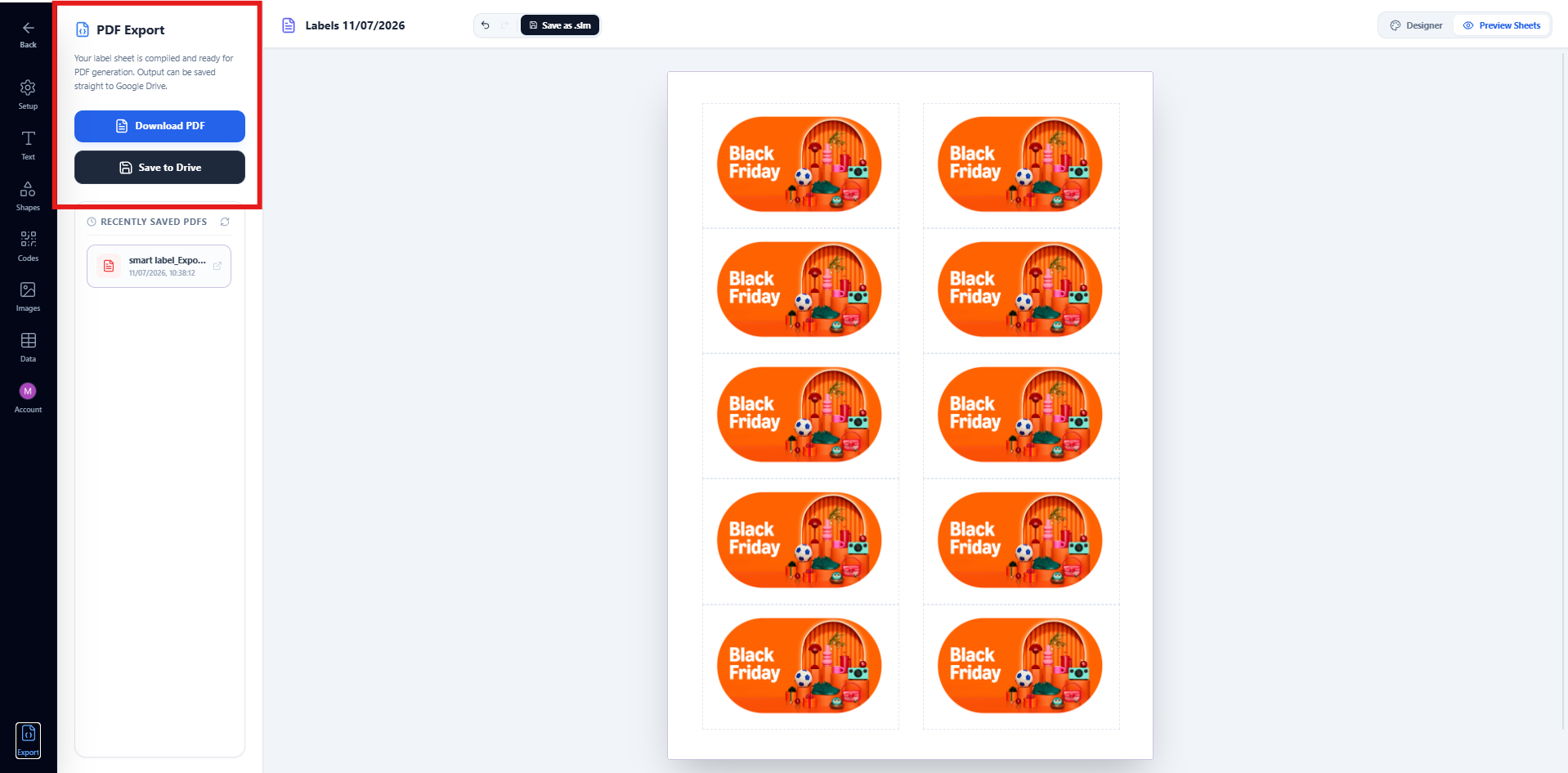 Preview Sheets mode showing a full label sheet with the static logo repeated on every label position
