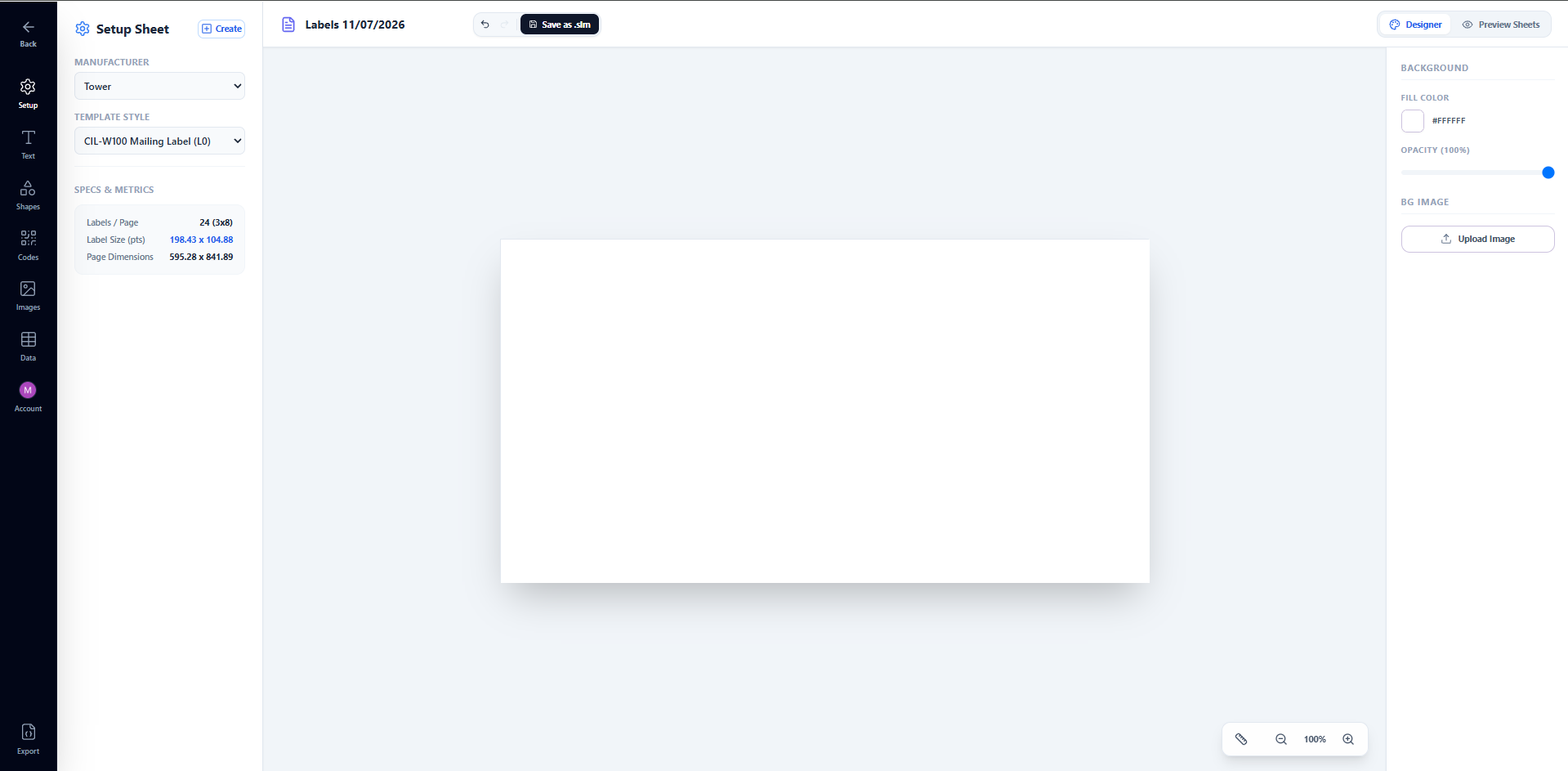 Smart Label Maker dashboard showing the Start a New Design template grid