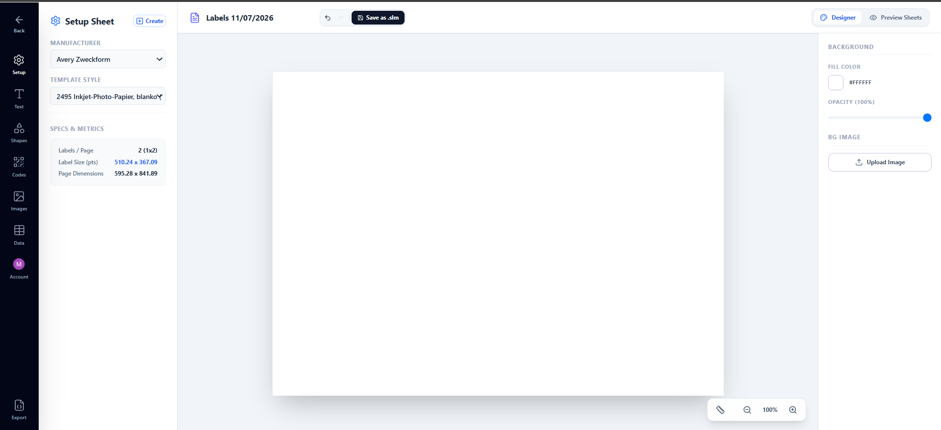 Smart Label Maker dashboard showing the Start a New Design template grid