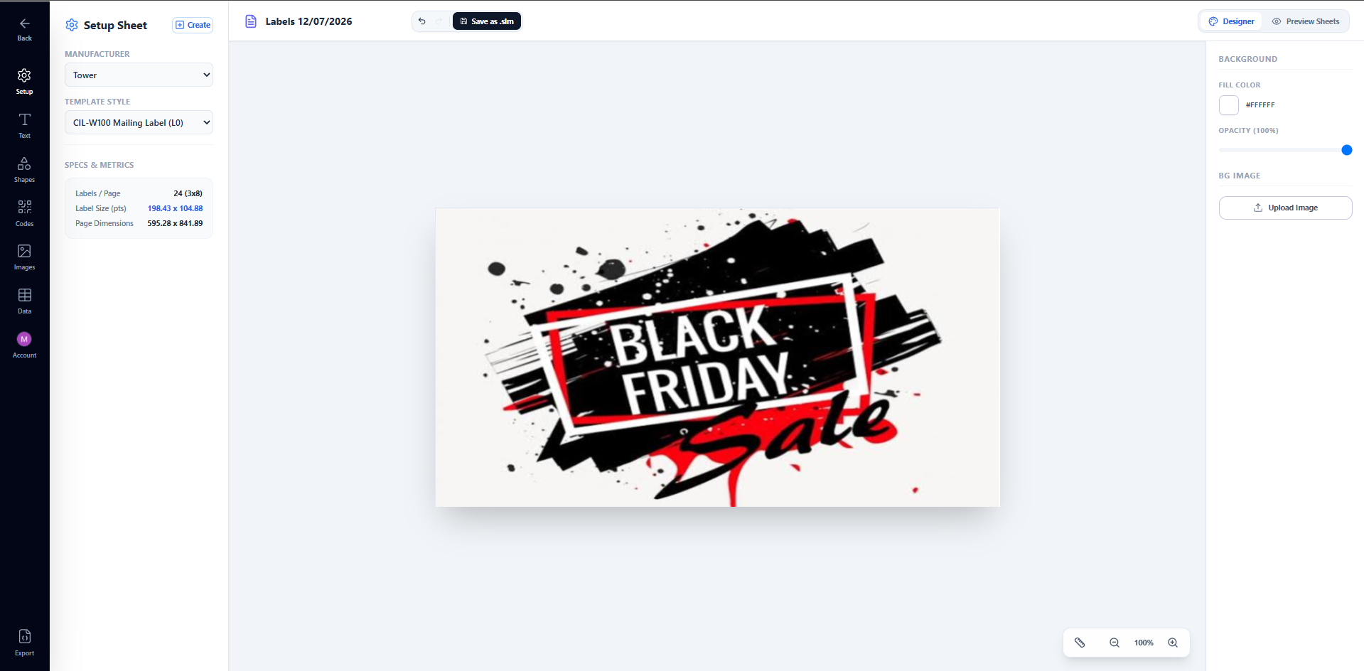 Canvas showing the Black Friday sale image resized to fill the full label area with the corner handles visible for resizing