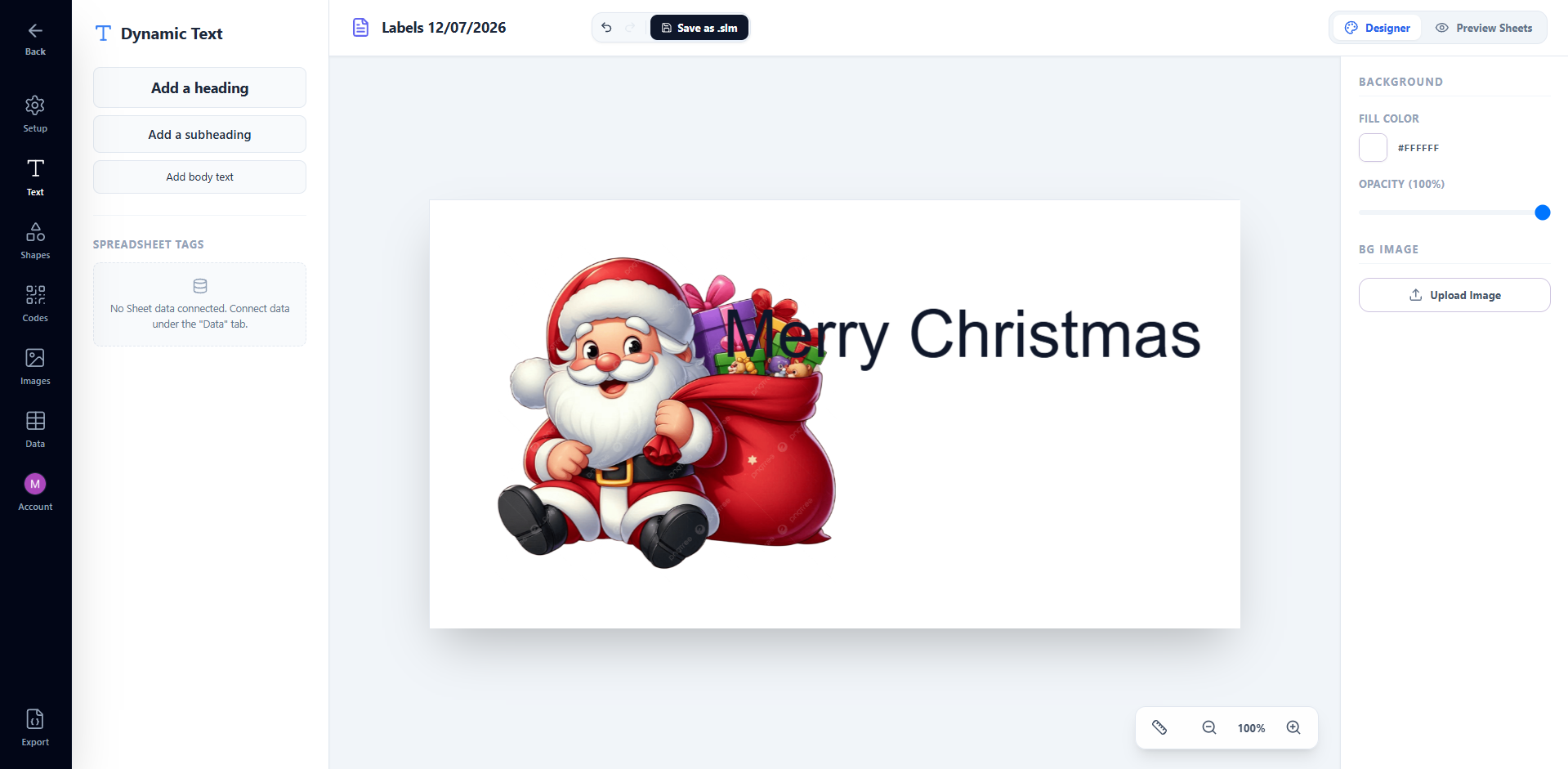 Canvas showing a text box with the Merry Christmas message typed directly, and the right panel showing font family, size, and color controls