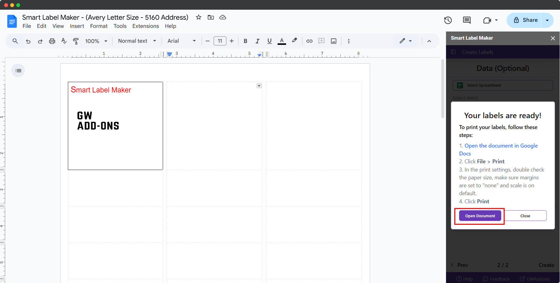 Screenshot of Merge Labels having merged labels in Google Docs
