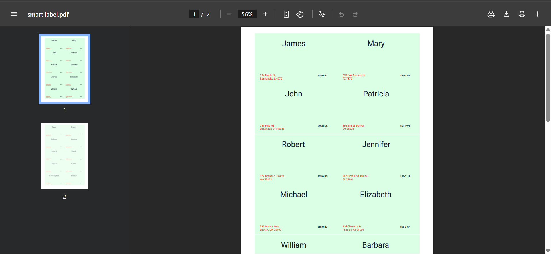 Print dialog showing scale set to 100 percent Actual Size and margins set to None for correct label alignment