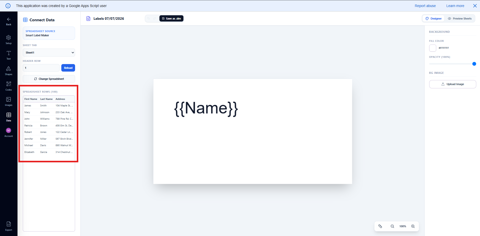 Data tab showing connected spreadsheet name, sheet tab selector, header row field, and a preview table of the first few rows of data