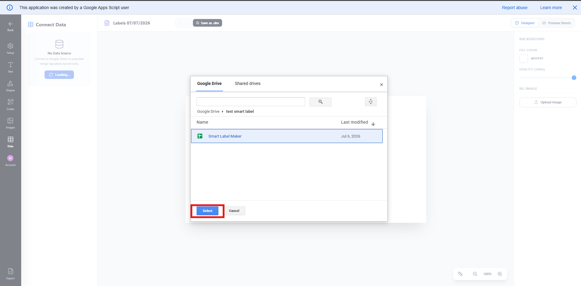 Data tab in the designer showing the Select Spreadsheet button and the Google file picker for choosing a sheet in Drive standalone mode