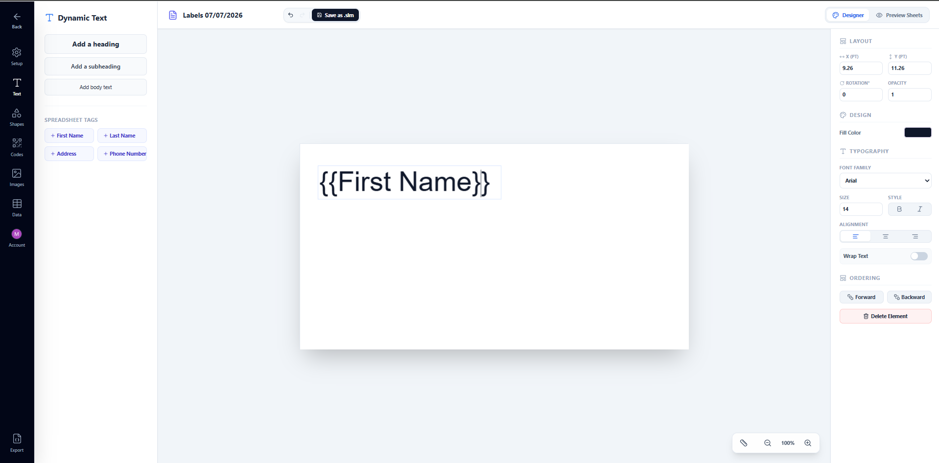 Text tab showing Add a heading, Add a subheading, Add body text buttons and the Spreadsheet Tags section with column name buttons below