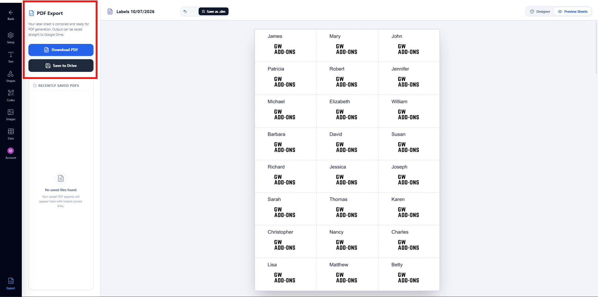 Export tab showing the Download PDF button, the Save to Drive button, and the Recently Saved PDFs list below