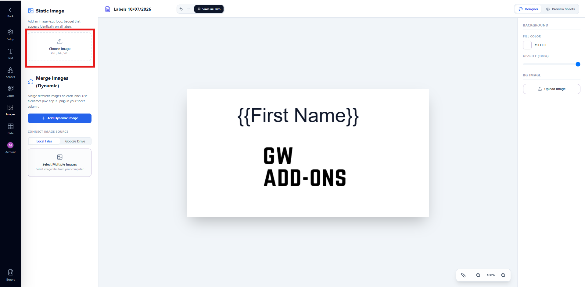 Images tab showing the static image upload area with drag and drop support