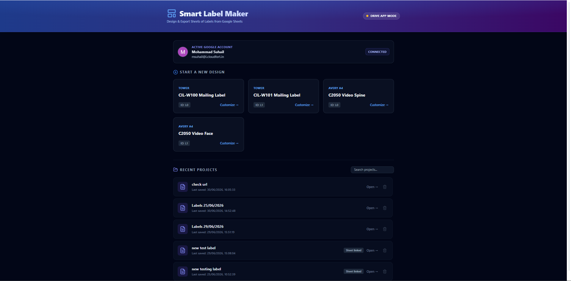 Smart Label Maker dashboard showing the Start a New Design template grid and the Recent Projects list below it