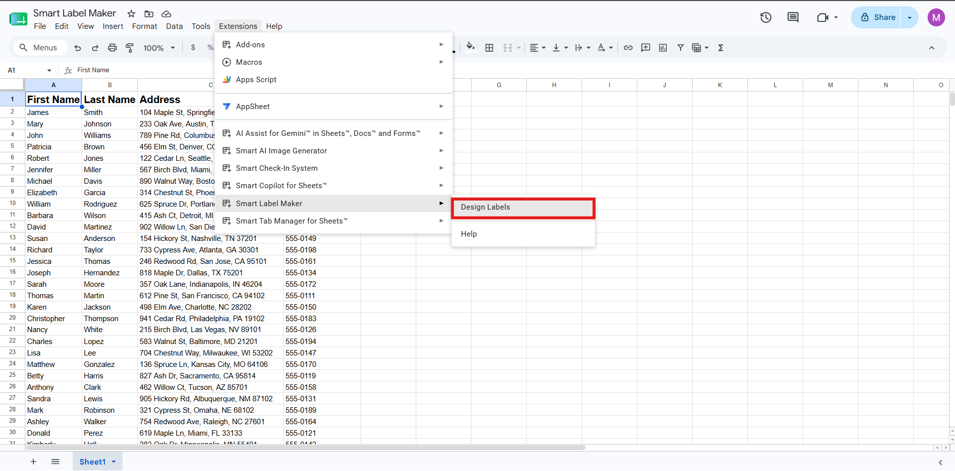 Click Extensions then Smart Label Maker then Design Labels to open the addon dialog from inside Google Sheets