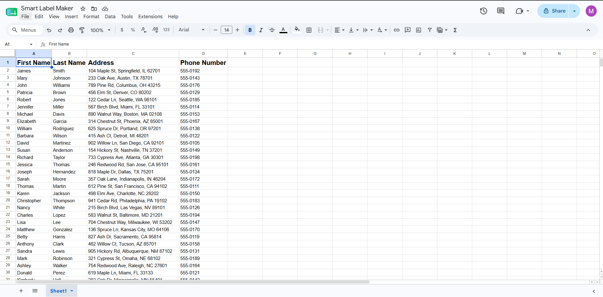 Open a new or existing Google Sheets spreadsheet with a header row and data rows ready for label merging