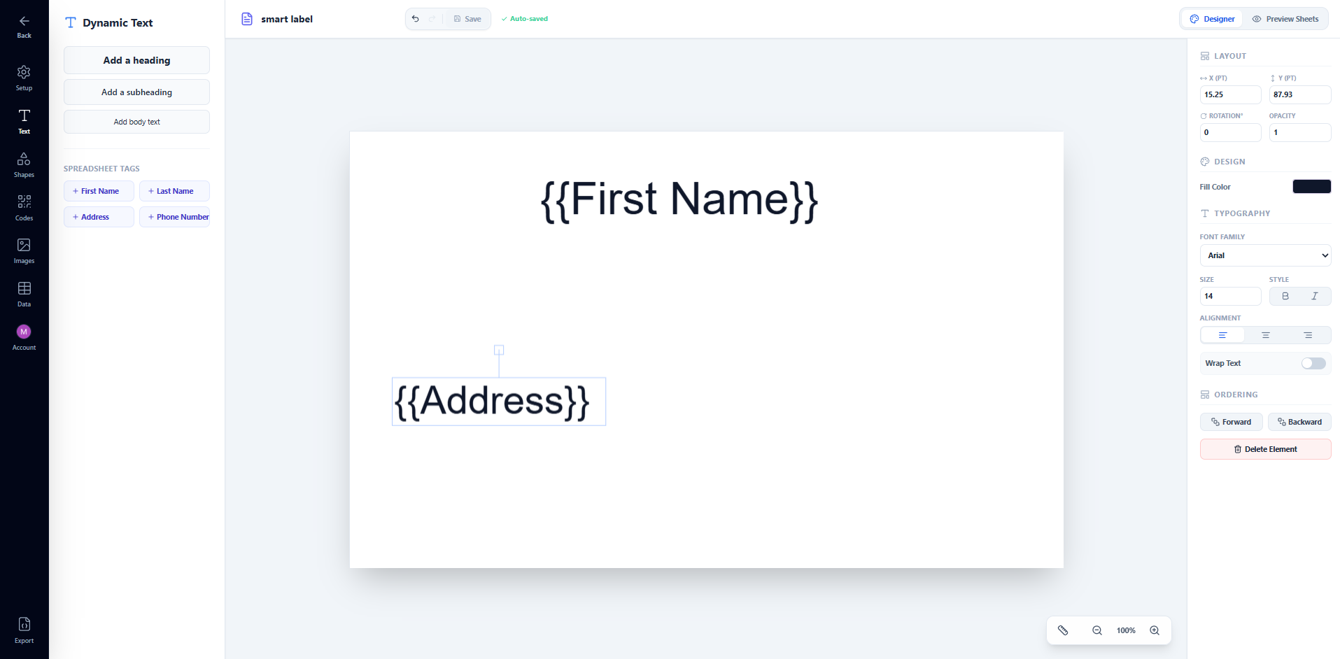 Text tab with the Address tag button highlighted, and the canvas showing three stacked text boxes — FirstName, Phone, and Address — with the Address text box selected and the Wrap Text toggle enabled in the right panel