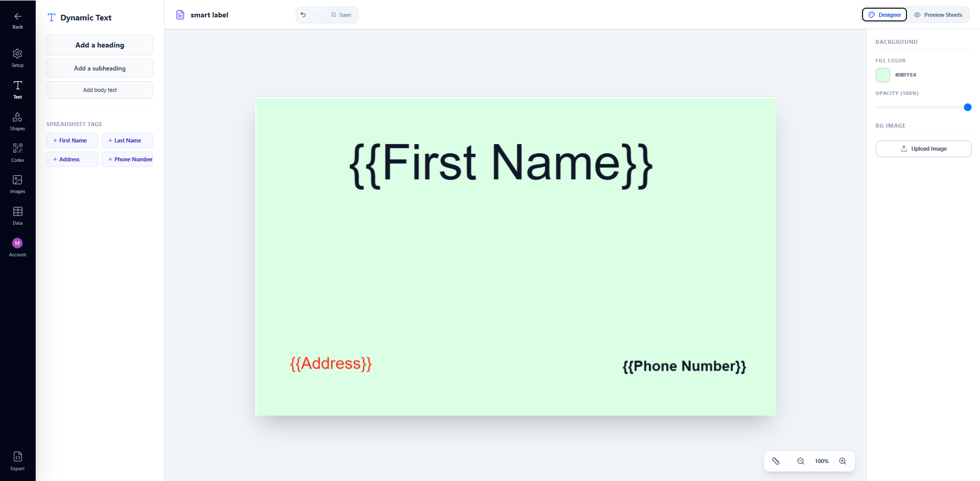 Canvas showing the completed label design with three merge field text boxes neatly stacked and aligned within the label boundary — FirstName in bold at the top, Phone in the middle, and Address with wrap text at the bottom