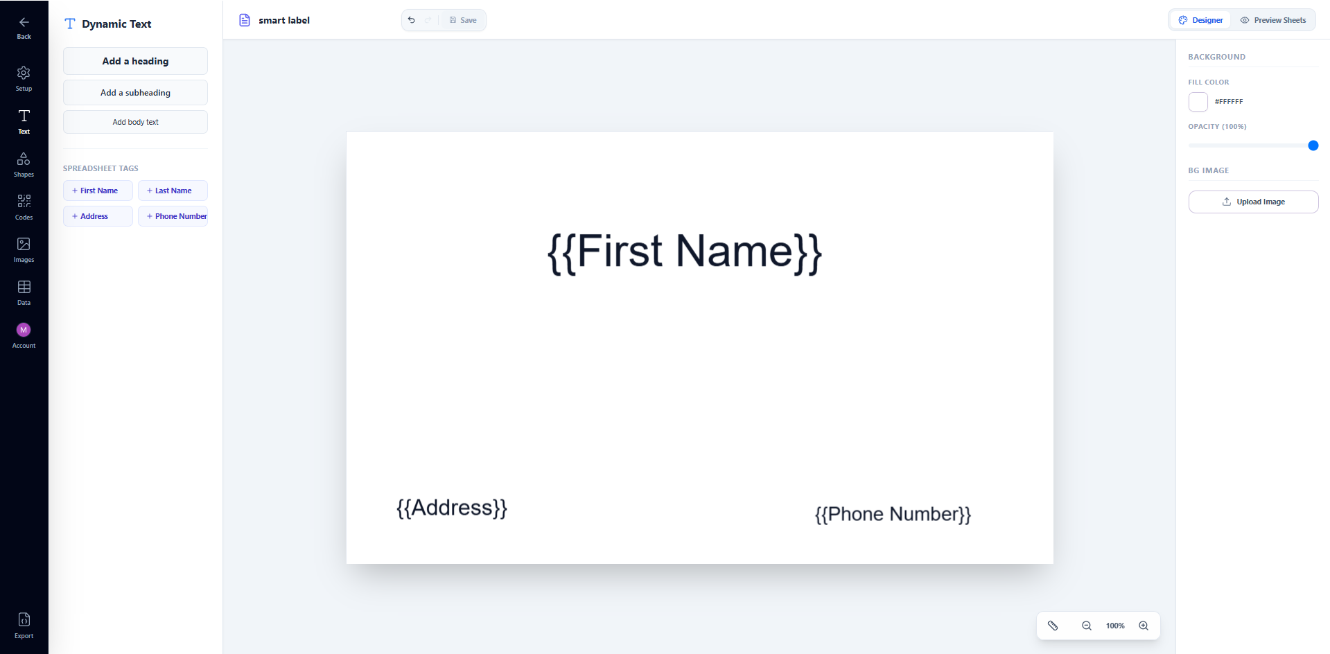 Text tab with the Phone tag button highlighted, and the canvas showing two text boxes — FirstName at the top and Phone below it — with the Phone text box selected and font size set to 10 in the right panel