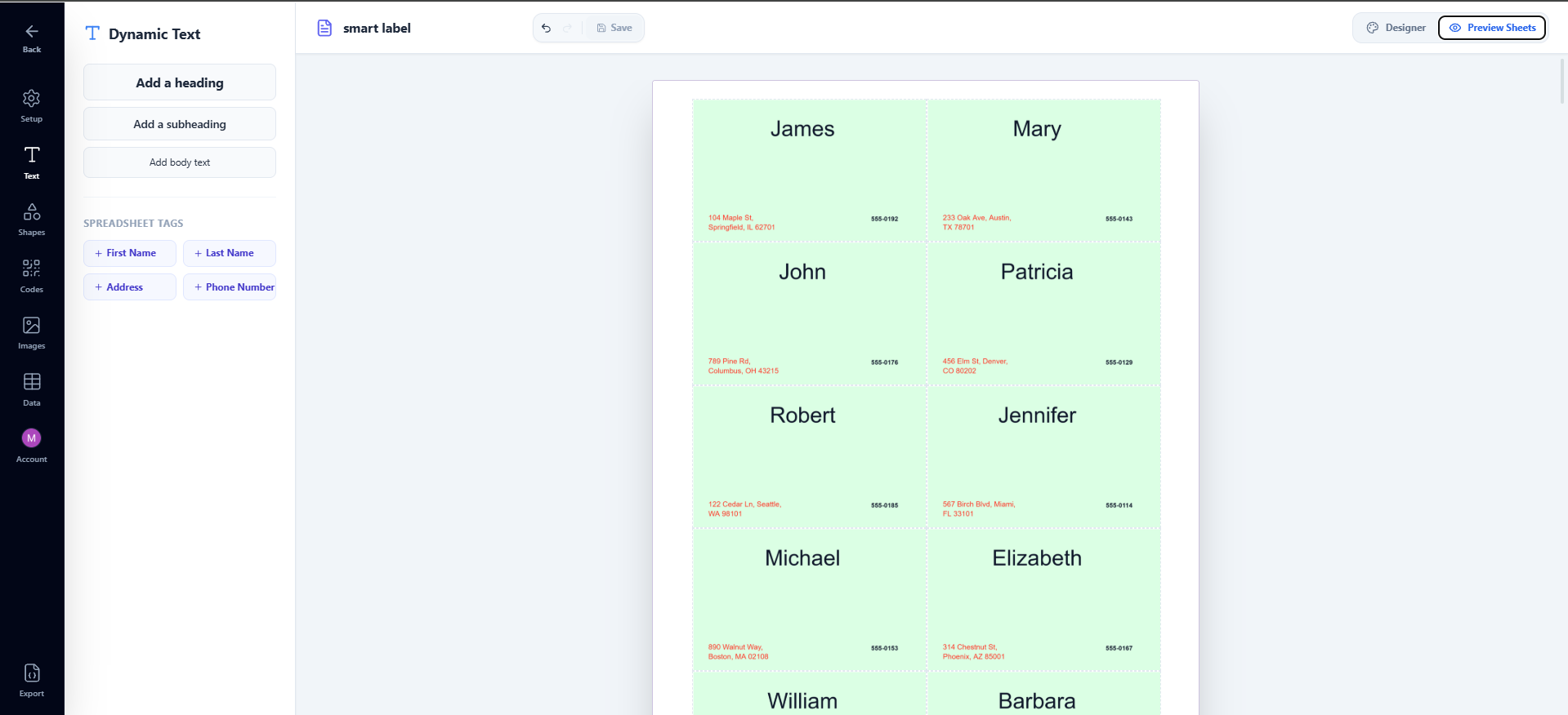 Preview Sheets mode showing a full sheet of labels with real merged data — each label showing a different name, phone number, and address from the connected spreadsheet