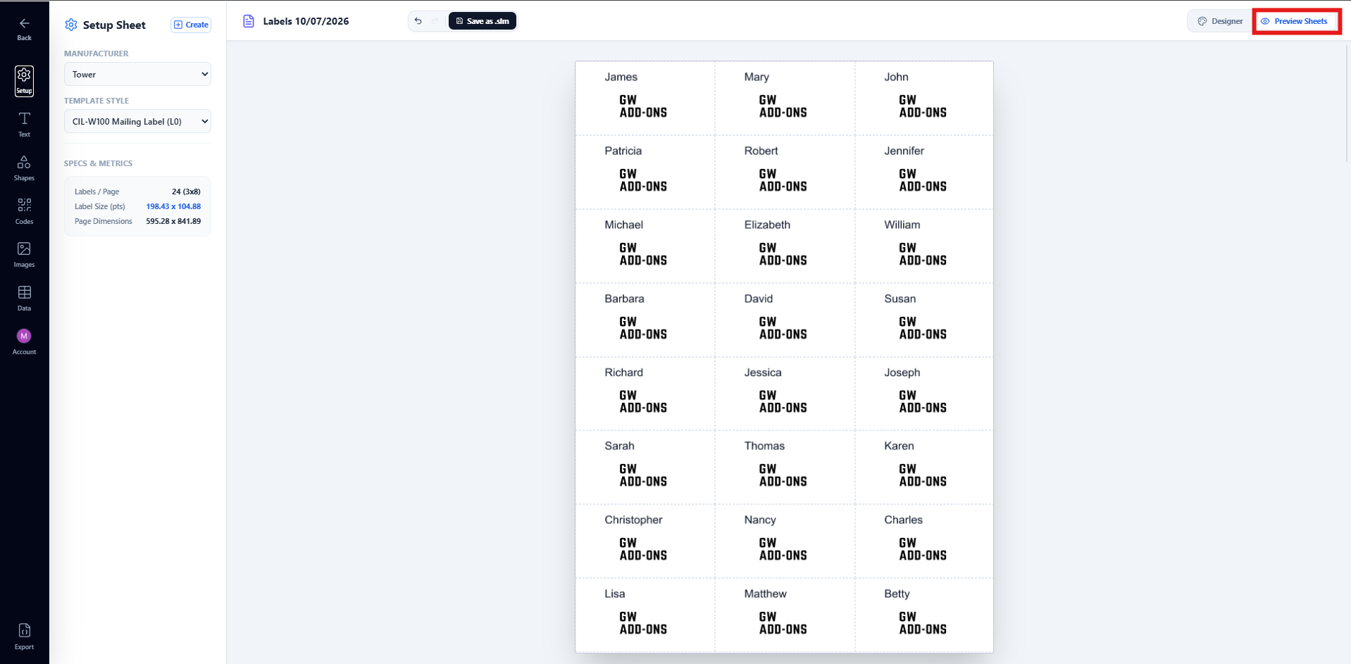 Preview Sheets mode showing multiple pages of fully merged labels rendered with real spreadsheet data