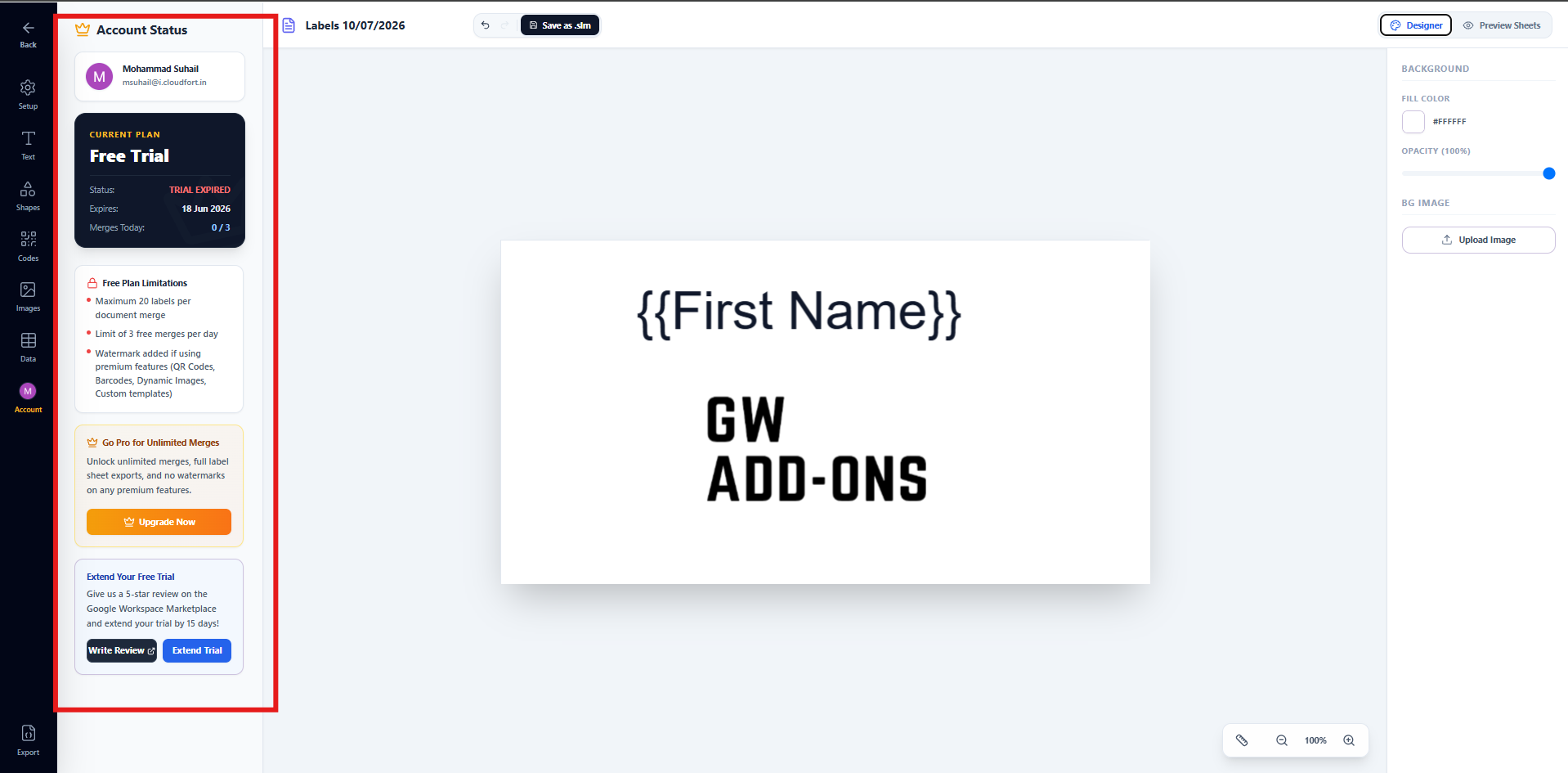Pricing prompt shown when a free plan user tries to export more than 20 labels or use premium features like QR codes or dynamic images