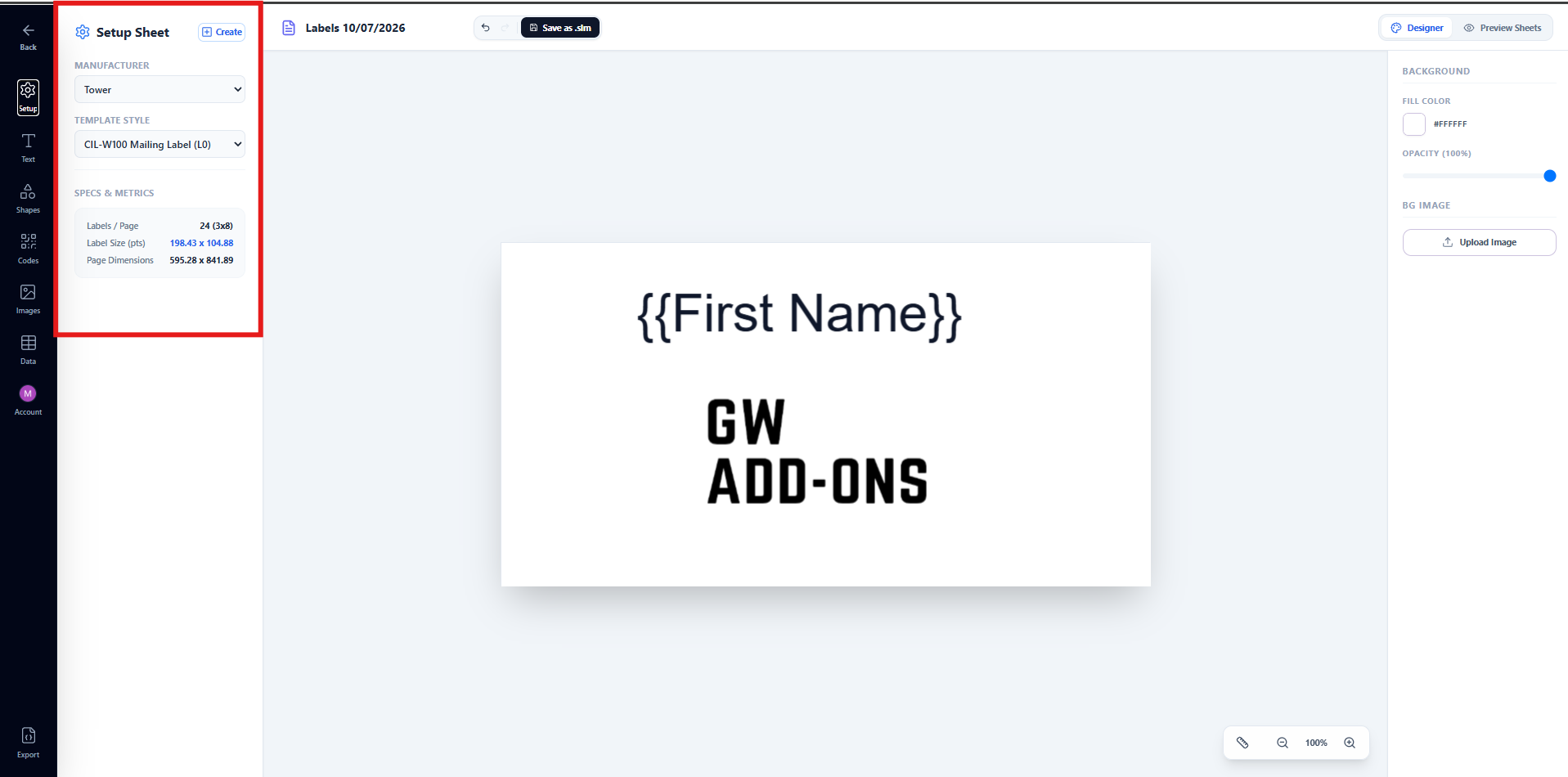 Setup tab showing the Manufacturer dropdown, Template Style dropdown, and the Specs and Metrics panel with label dimensions