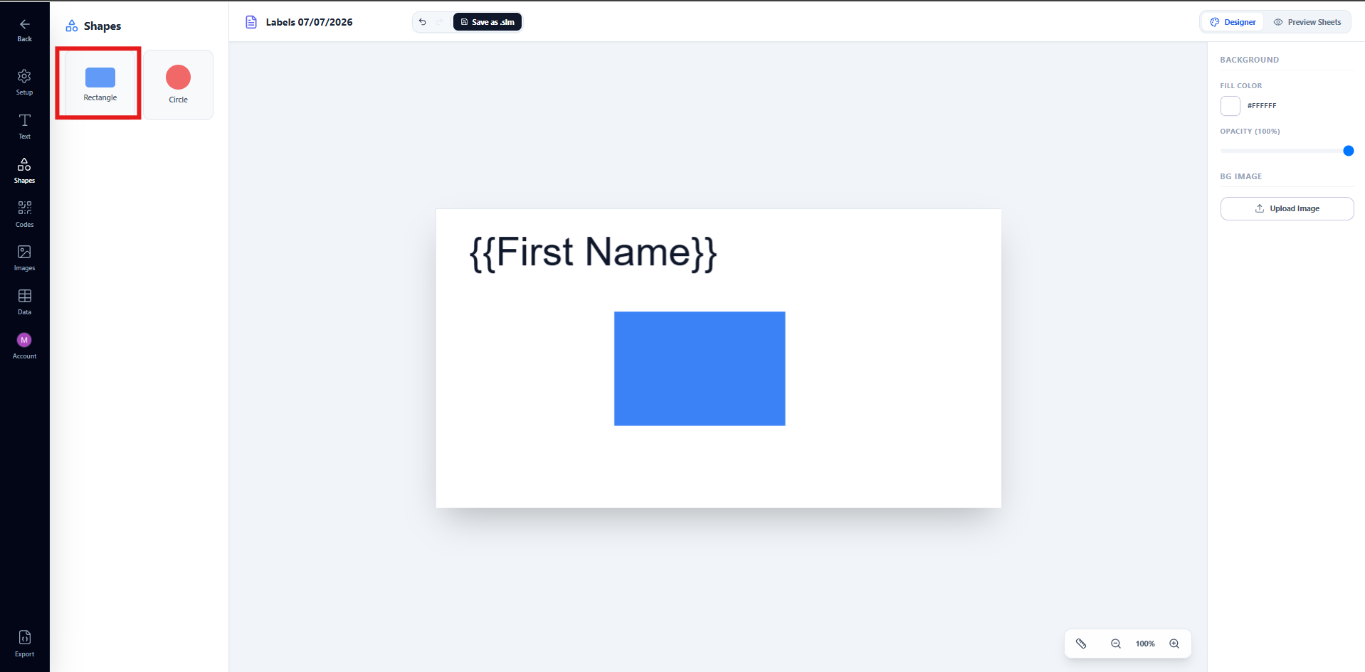 Shapes tab showing Rectangle and Circle options available to add to the label canvas