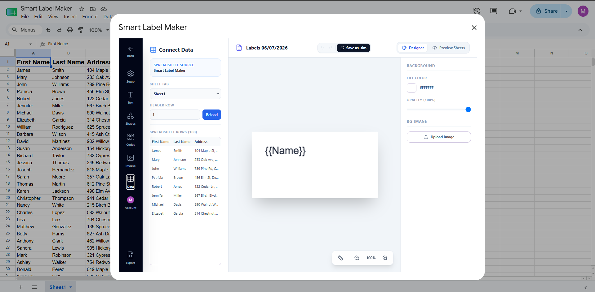 Data tab in the designer showing the spreadsheet already connected automatically when opened from Google Sheets